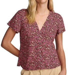 NWT LUCKY BRAND Short Sleeve V-Neck Button Front Floral Top Size X-Large